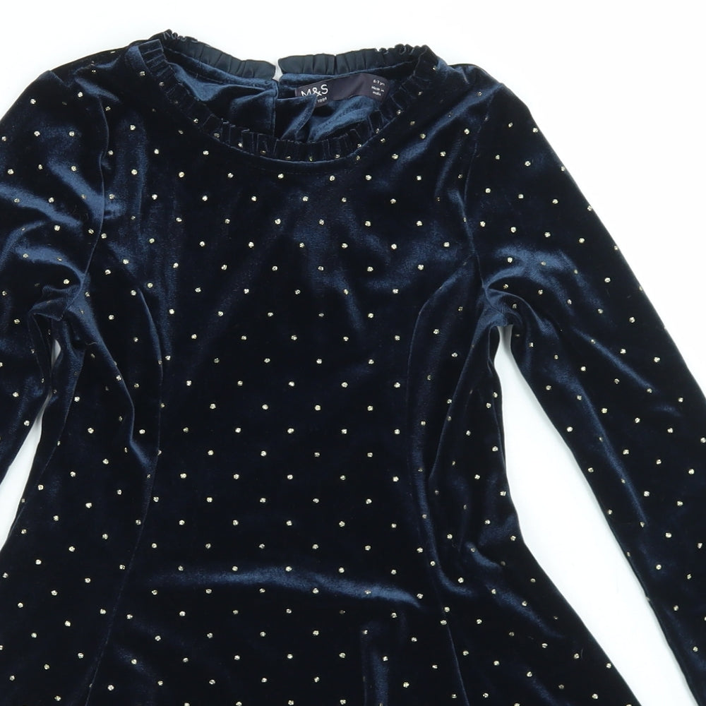 Marks and Spencer Girls Blue Polka Dot Polyester Fit & Flare  Size 6-7 Years  Round Neck Button
