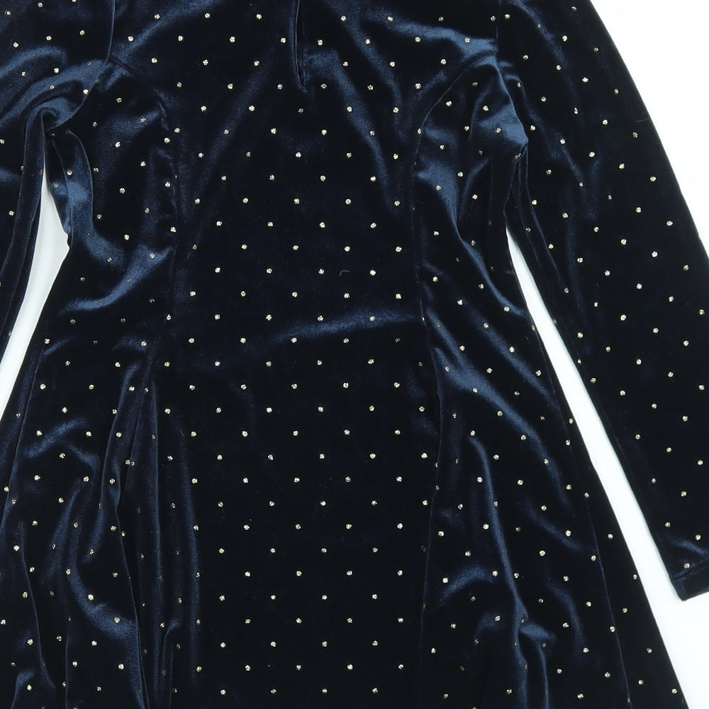 Marks and Spencer Girls Blue Polka Dot Polyester Fit & Flare  Size 6-7 Years  Round Neck Button