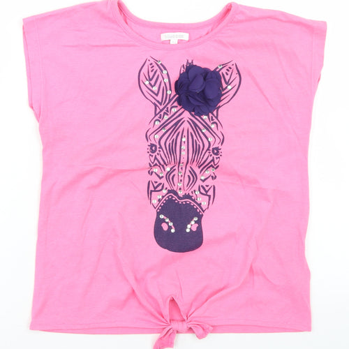 Bluezoo Girls Pink  Polyester Basic T-Shirt Size 12 Years Round Neck  - Zebra, Tie front