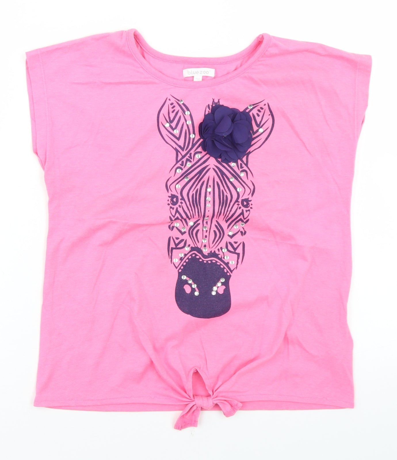 Bluezoo Girls Pink  Polyester Basic T-Shirt Size 12 Years Round Neck  - Zebra, Tie front