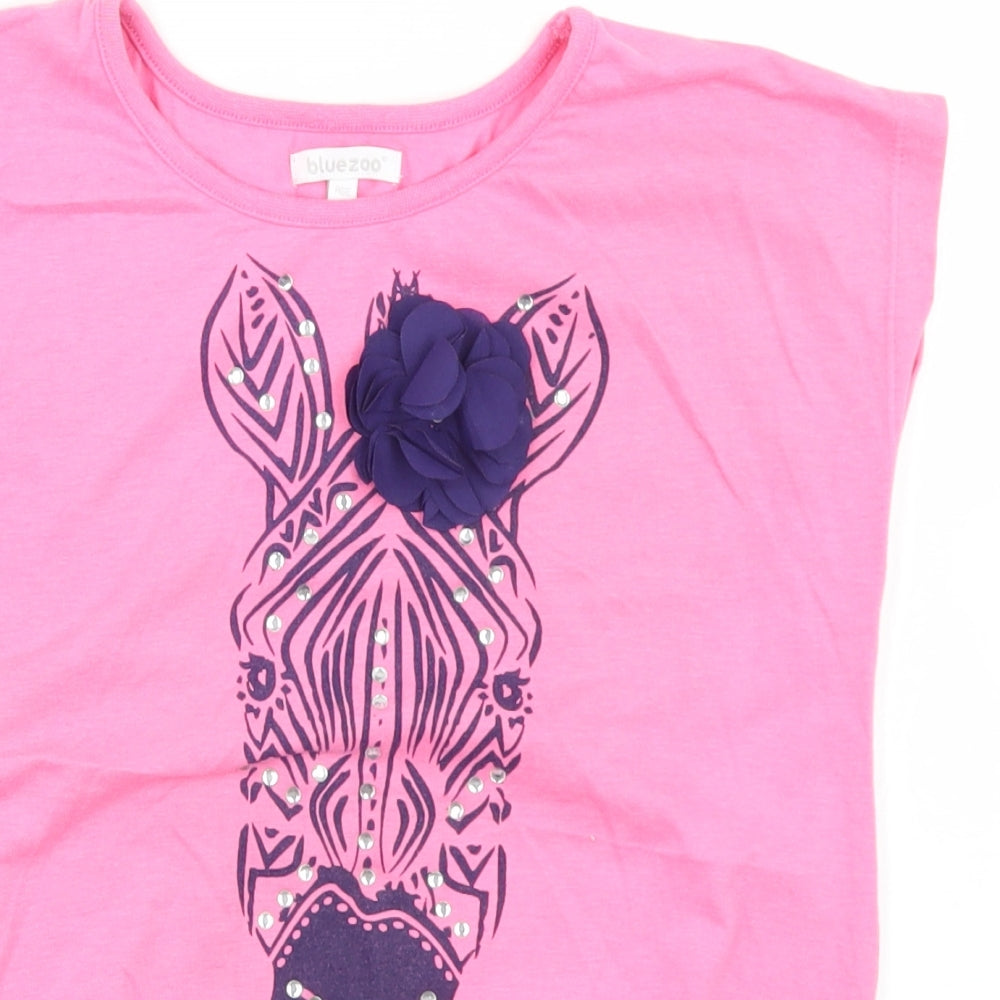 Bluezoo Girls Pink  Polyester Basic T-Shirt Size 12 Years Round Neck  - Zebra, Tie front