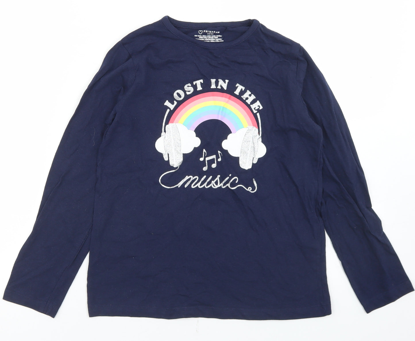 Primark Girls Blue  Cotton Basic T-Shirt Size 9-10 Years Crew Neck  - Rainbow