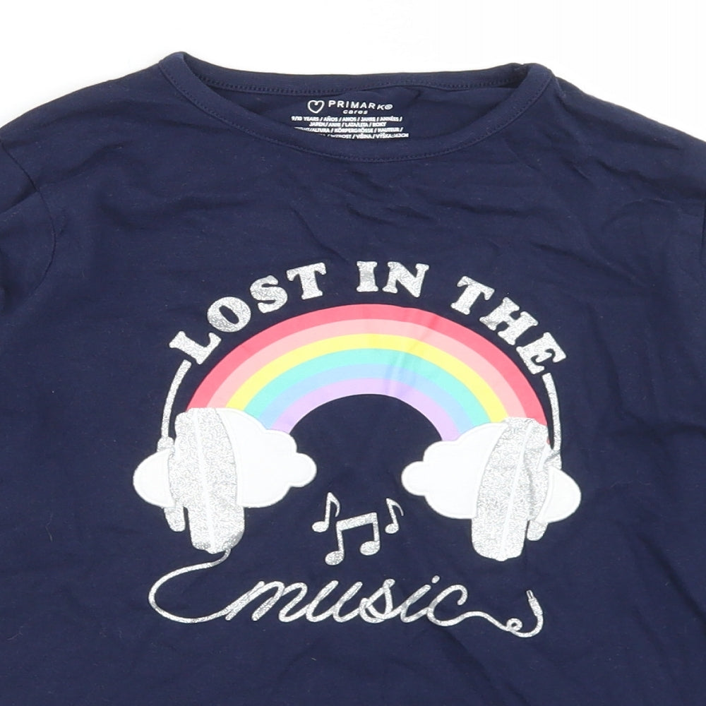 Primark Girls Blue  Cotton Basic T-Shirt Size 9-10 Years Crew Neck  - Rainbow