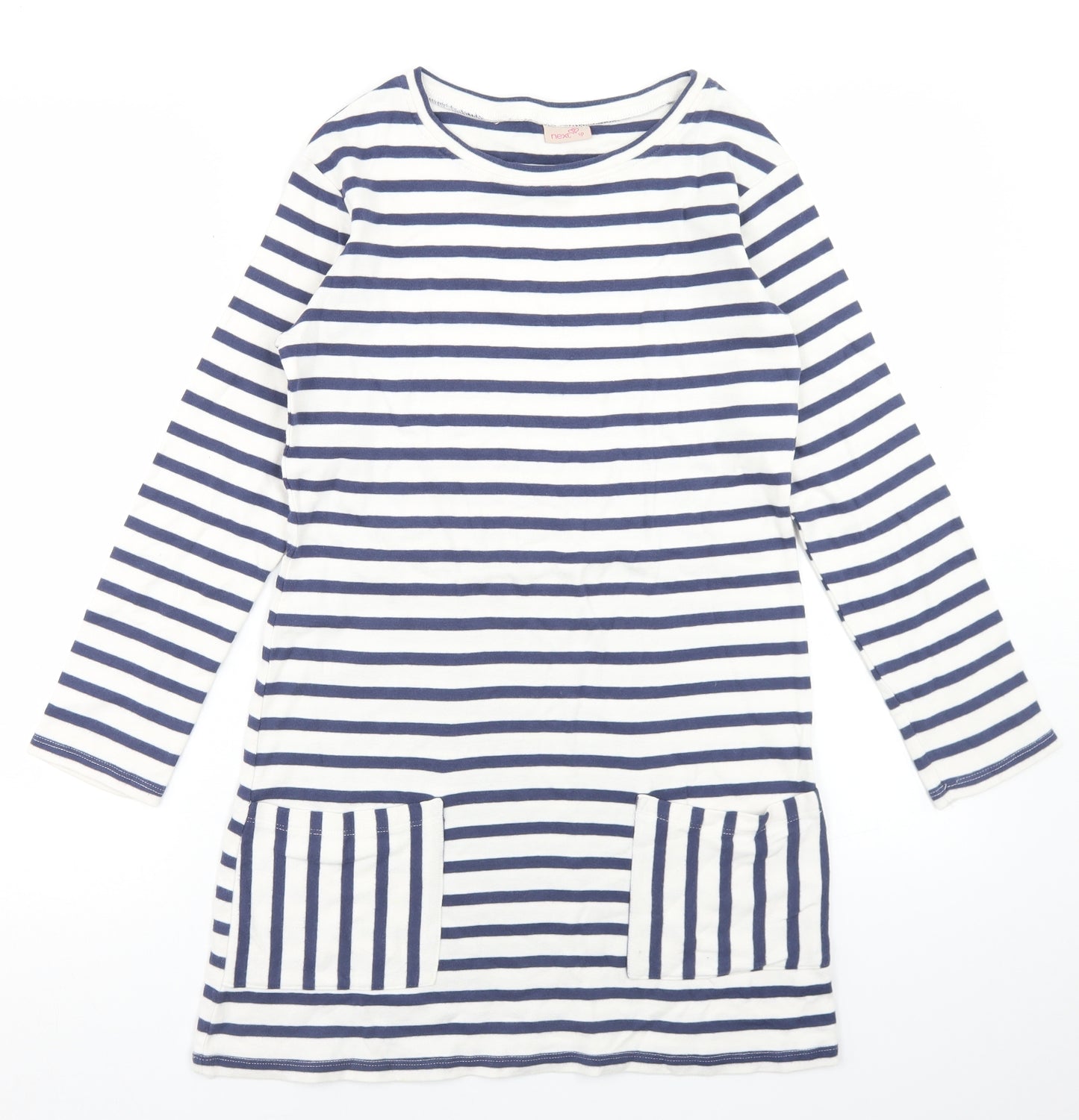 NEXT Girls White Striped Cotton A-Line  Size 12 Years  Round Neck