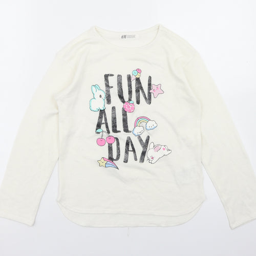 H&M Girls White  Polyester Basic T-Shirt Size 9-10 Years Round Neck  - Fun All Day