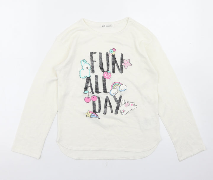 H&M Girls White Polyester Basic T-Shirt Size 9-10 Years Round Neck - Fun All Day
