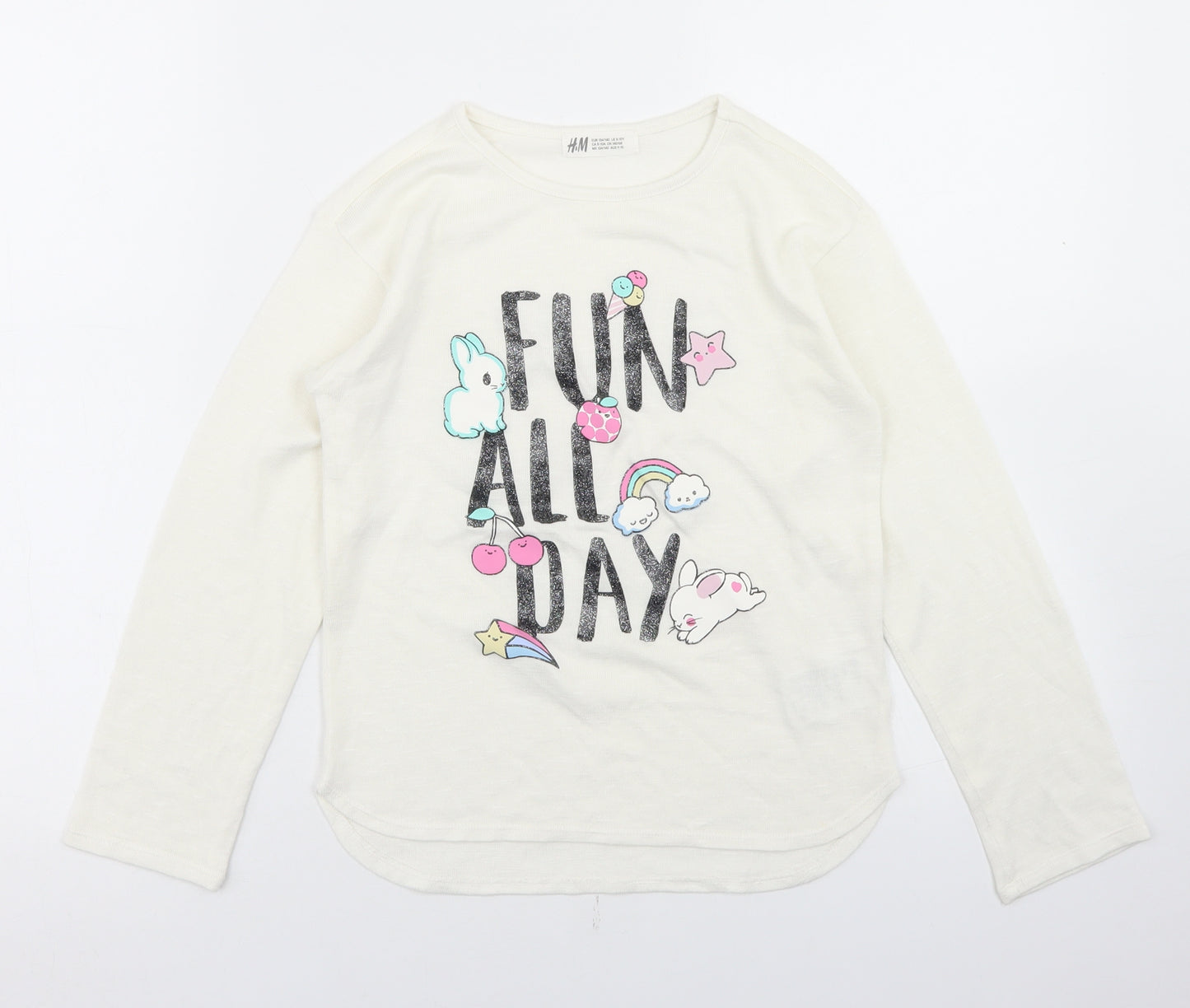 H&M Girls White  Polyester Basic T-Shirt Size 9-10 Years Round Neck  - Fun All Day