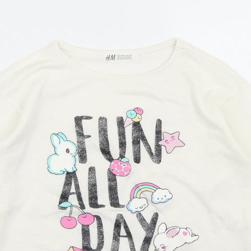 H&M Girls White  Polyester Basic T-Shirt Size 9-10 Years Round Neck  - Fun All Day
