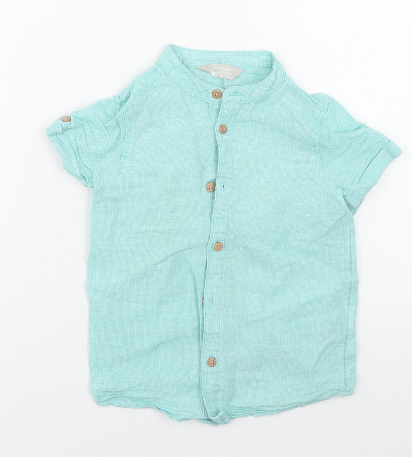 Primark Boys Blue Striped Linen Basic Button-Up Size 2-3 Years Round Neck Button