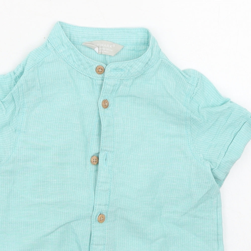 Primark Boys Blue Striped Linen Basic Button-Up Size 2-3 Years Round Neck Button