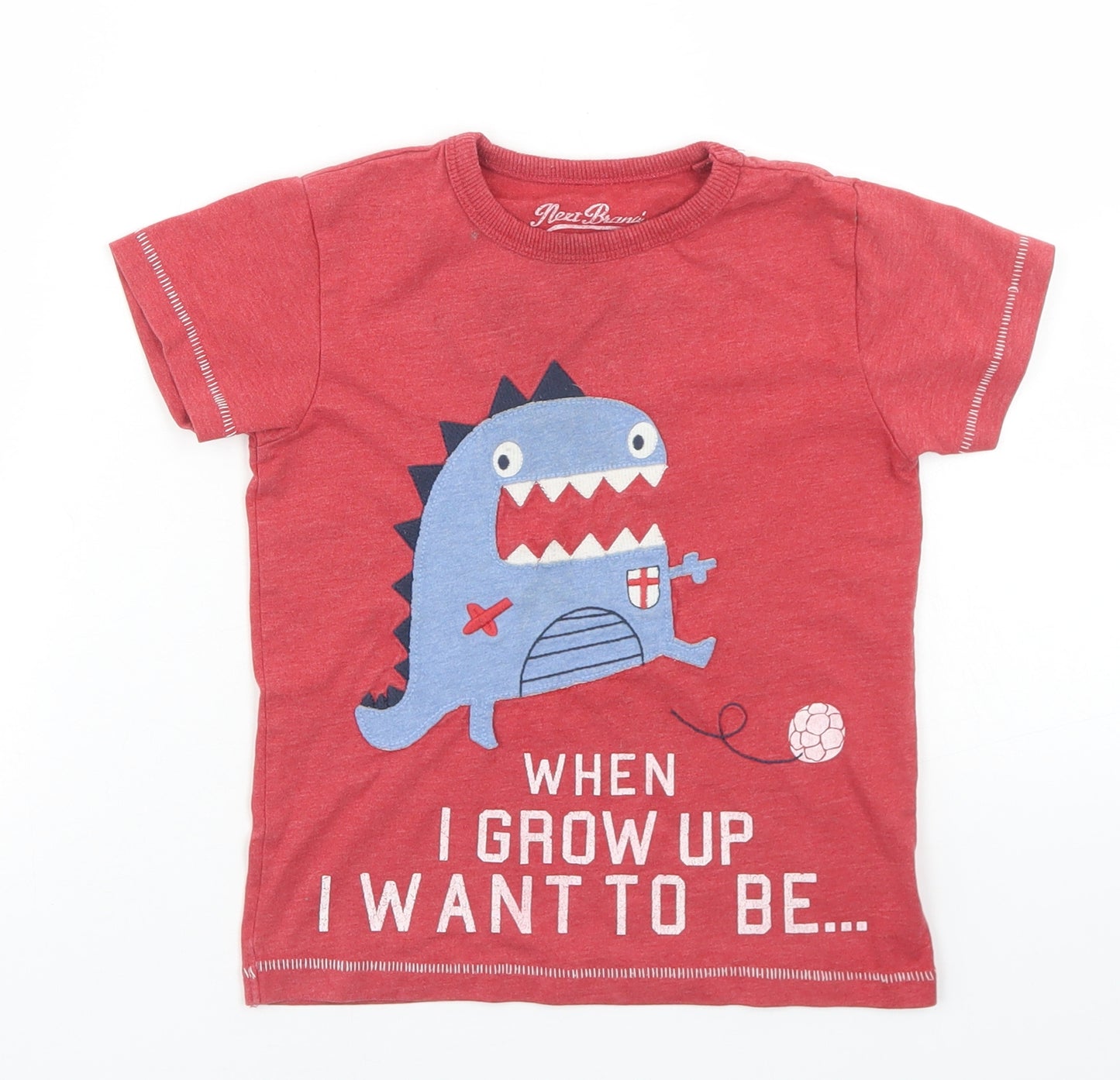 NEXT Boys Red  Cotton Basic T-Shirt Size 2-3 Years Crew Neck  - Dinosaur Football