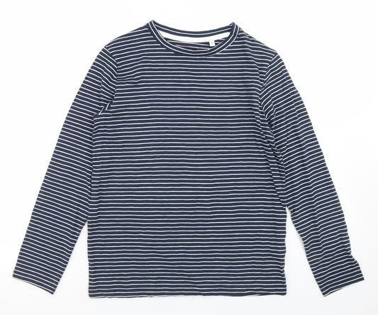 Front view of Outfit girls’ blue striped cotton basic t-shirt, size 11, years round neck