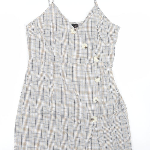 QED London Womens Beige Plaid Cotton Pencil Dress  Size 12  V-Neck Zip