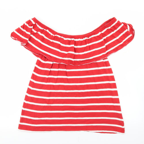Beach Lunch Lounge Womens Red Striped Cotton Basic T-Shirt Size M Off the Shoulder