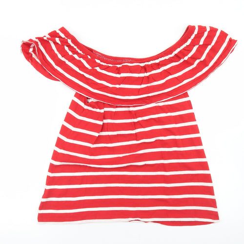 Beach Lunch Lounge Womens Red Striped Cotton Basic T-Shirt Size M Off the Shoulder