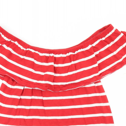 Beach Lunch Lounge Womens Red Striped Cotton Basic T-Shirt Size M Off the Shoulder