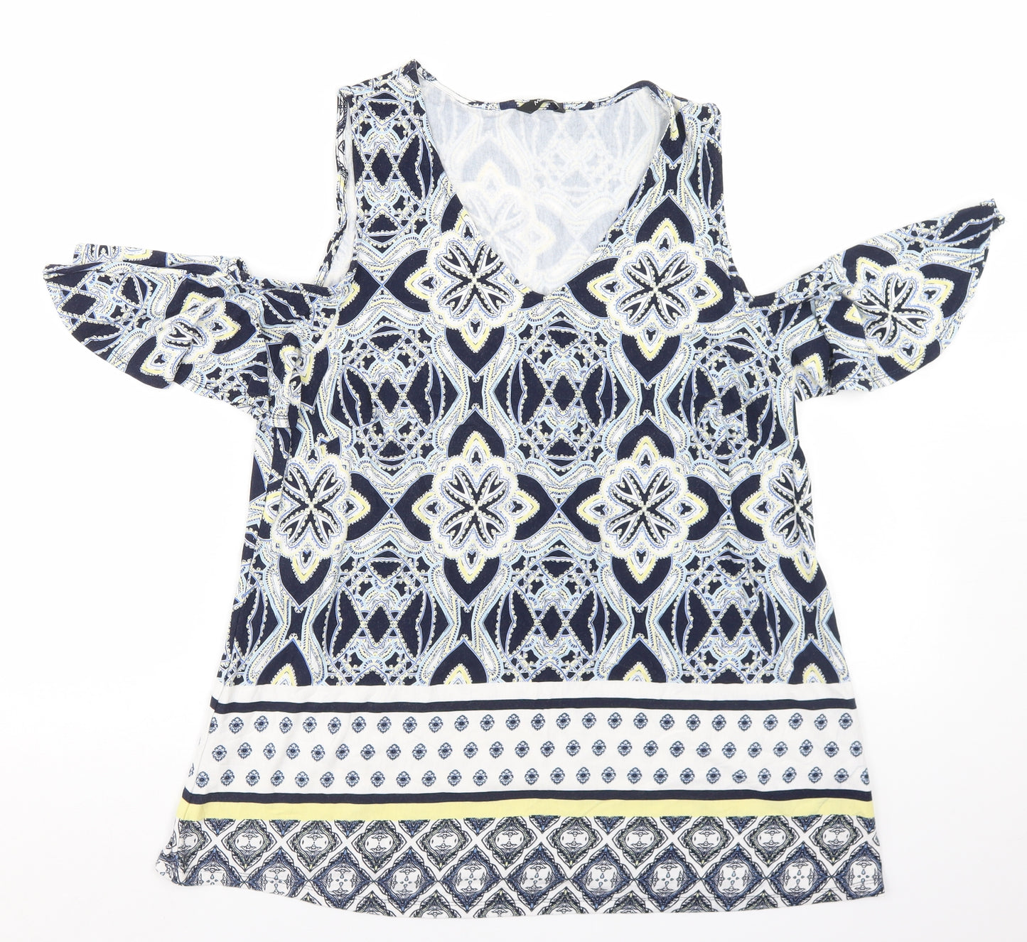 M&Co Womens Blue Geometric Viscose Basic T-Shirt Size 16 V-Neck - Cold Shoulder