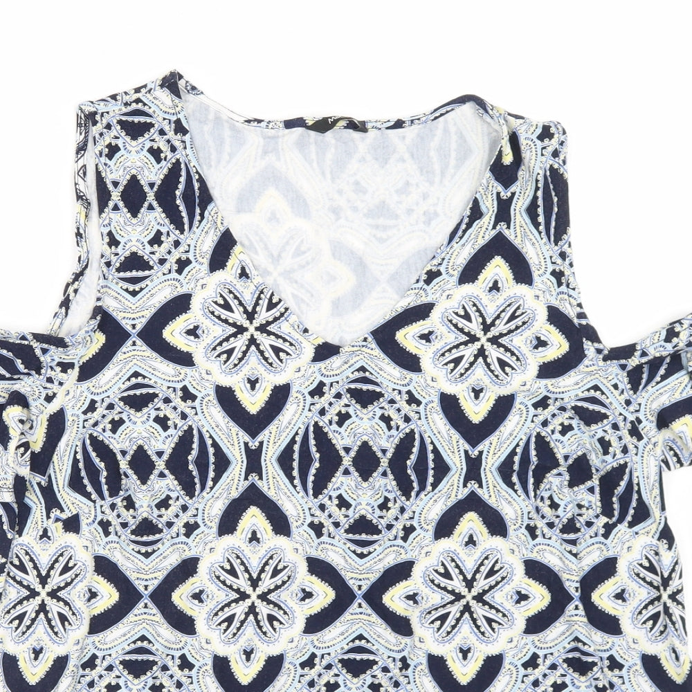 M&Co Womens Blue Geometric Viscose Basic T-Shirt Size 16 V-Neck - Cold Shoulder