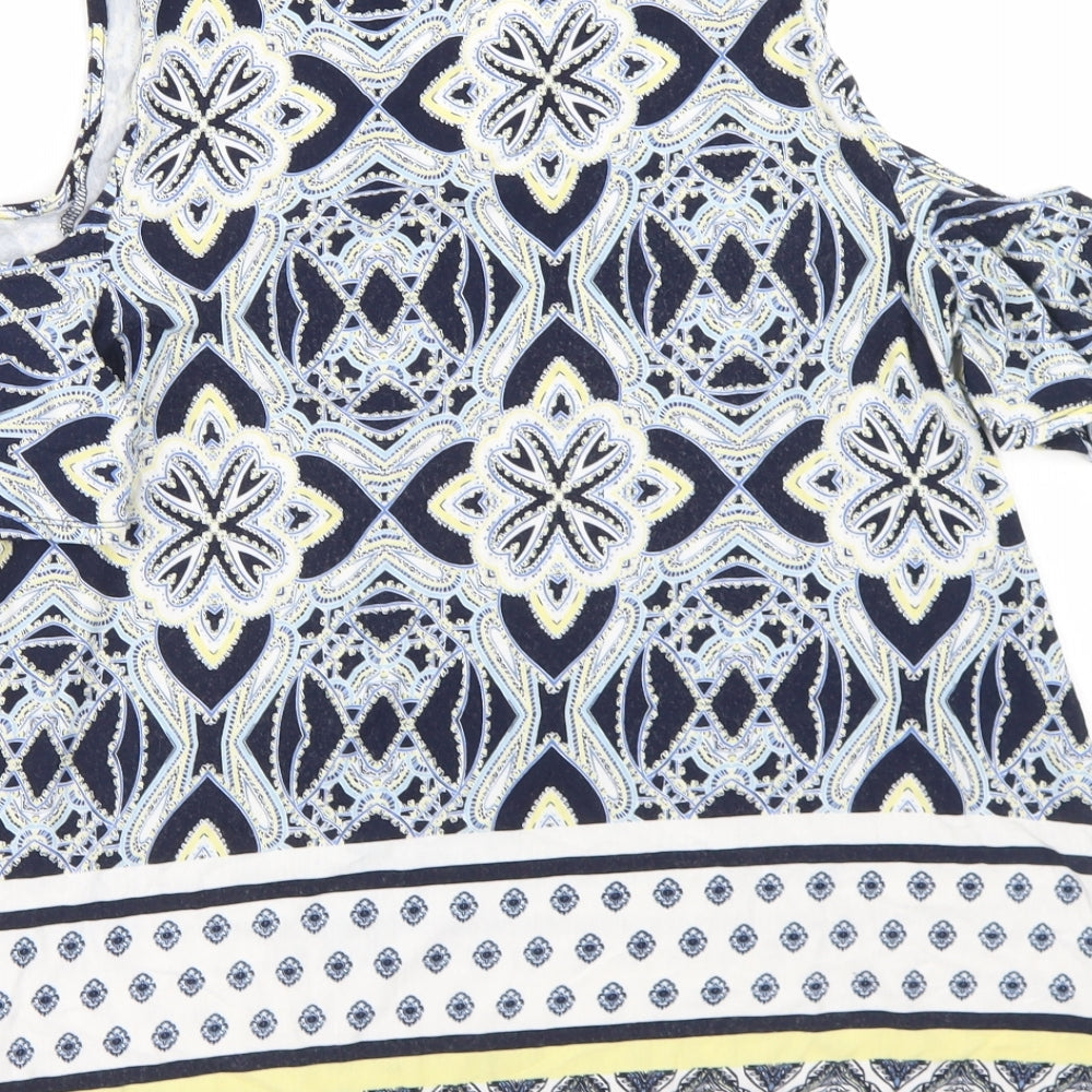 M&Co Womens Blue Geometric Viscose Basic T-Shirt Size 16 V-Neck - Cold Shoulder