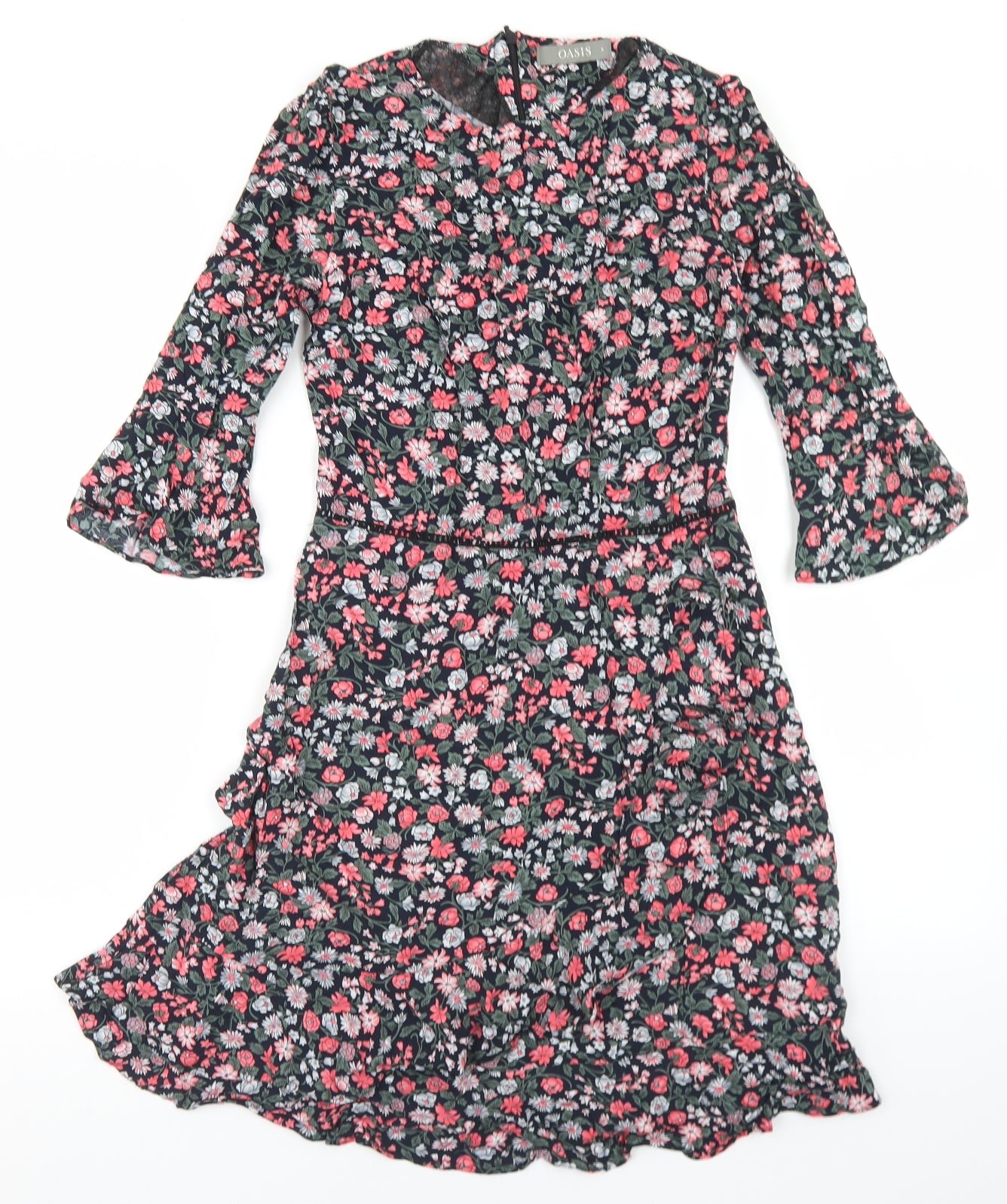 Oasis Womens Black Floral Viscose Fit & Flare  Size 6  Round Neck Zip