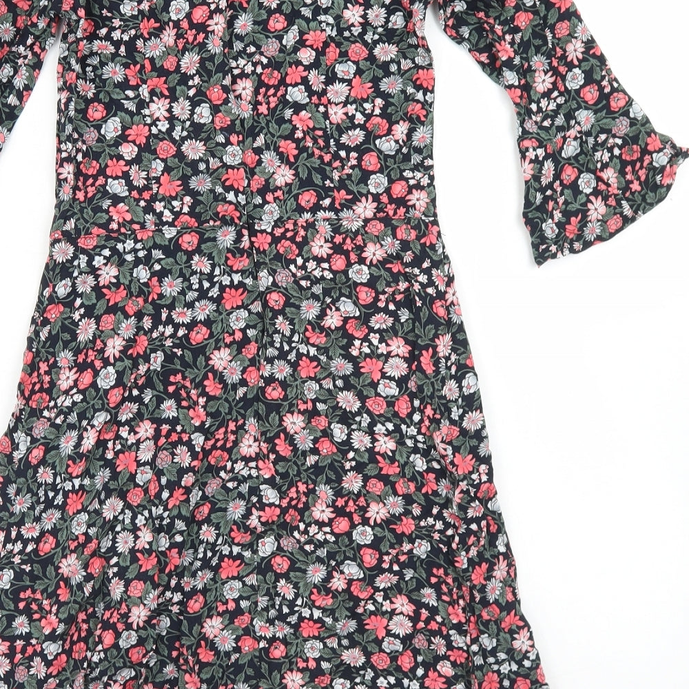 Oasis Womens Black Floral Viscose Fit & Flare  Size 6  Round Neck Zip