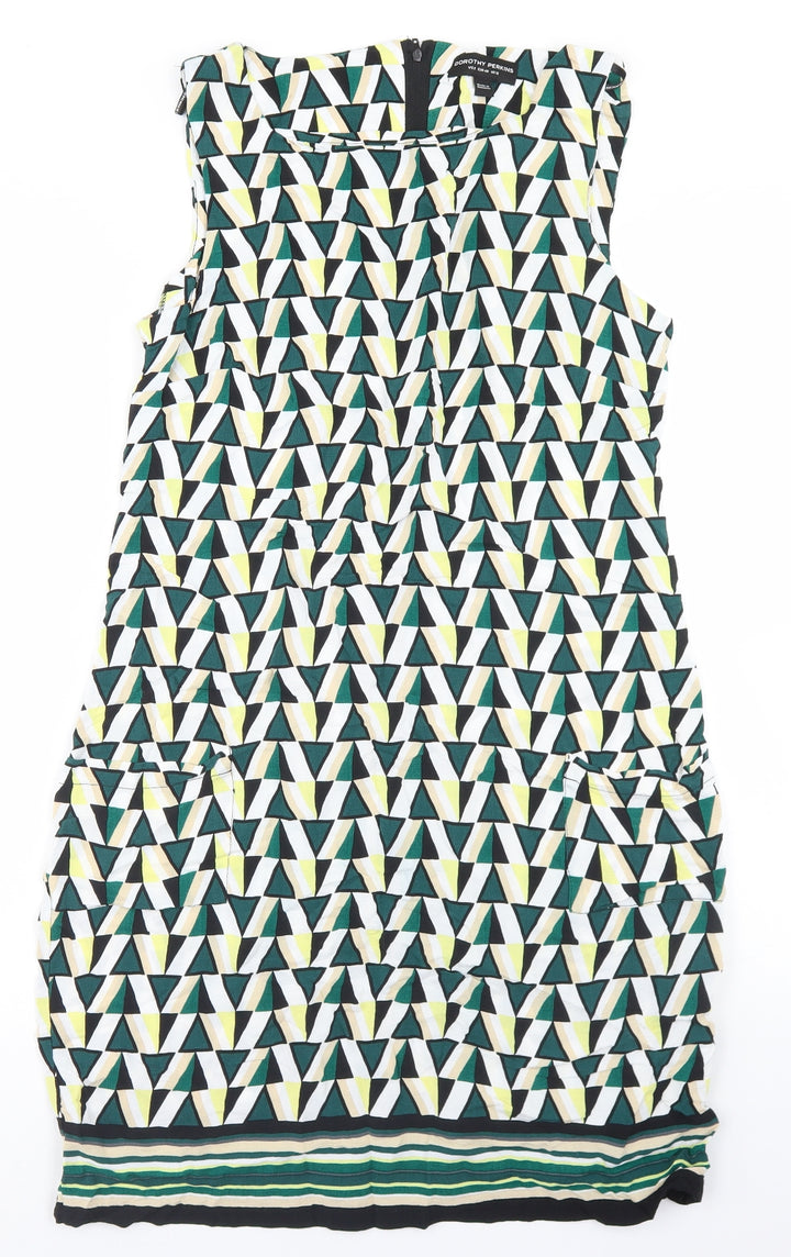 Dorothy Perkins Womens Green Geometric Viscose A-Line Size 12 Round Neck Zip