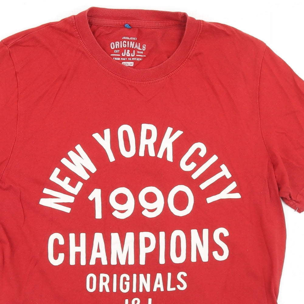 JACK & JONES Mens Red  Cotton  T-Shirt Size M Crew Neck