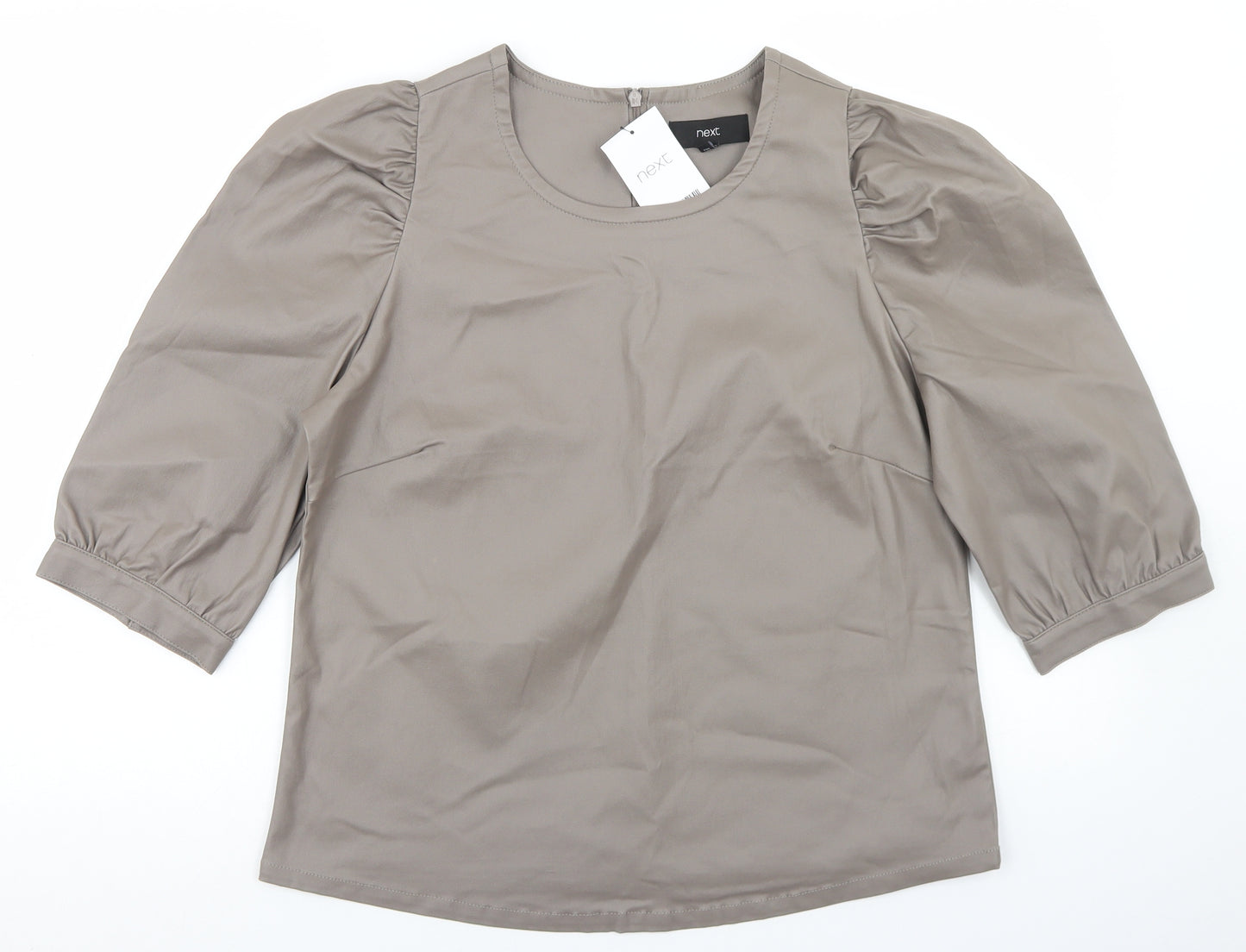 NEXT Womens Beige  Viscose Basic Blouse Size 16 Round Neck - Puff Sleeve