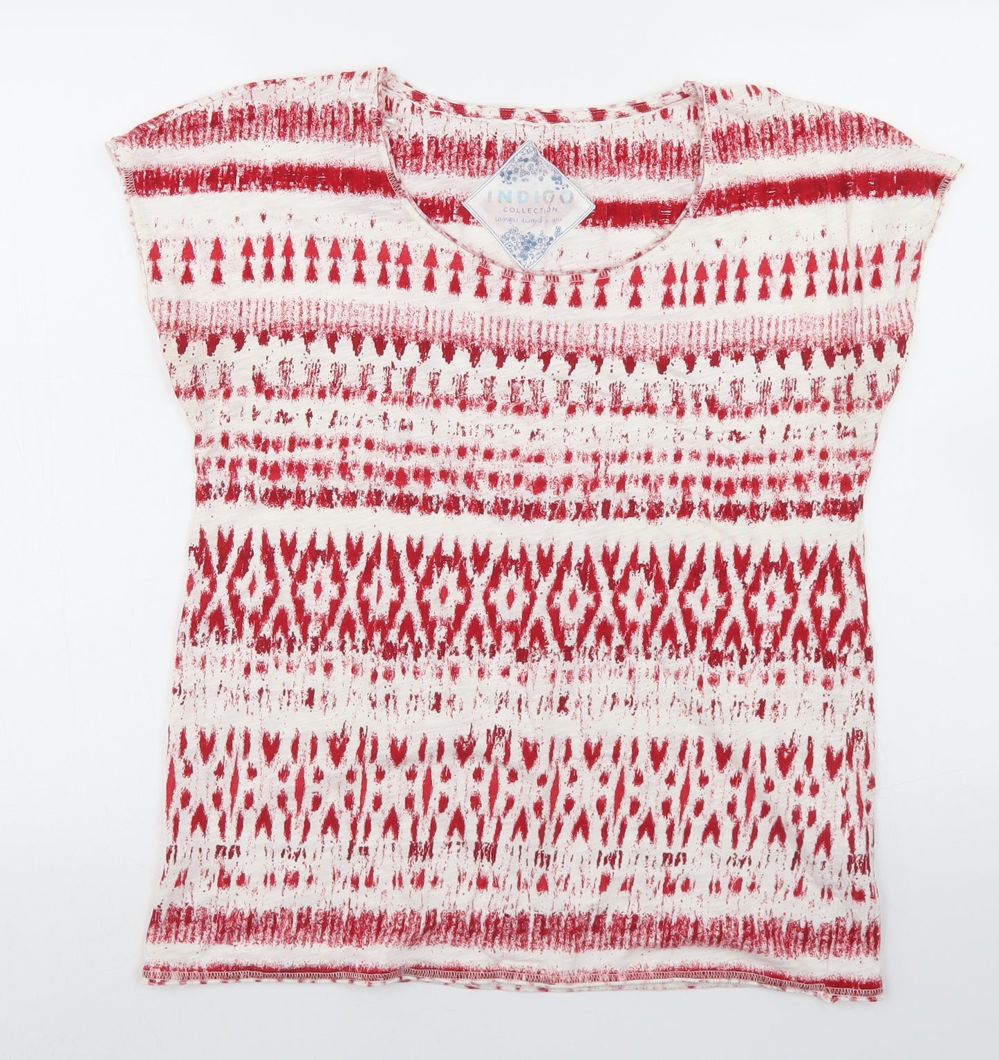 Indigo Womens Red Geometric Cotton Basic T-Shirt Size 12 Round Neck - Aztec Print