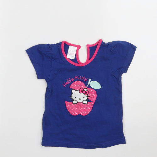 BHS Girls Blue  100% Cotton Pullover T-Shirt Size 12-18 Months Round Neck Button - Hello Kitty