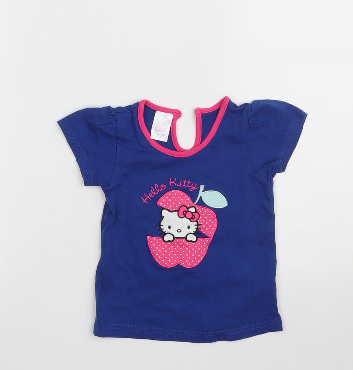 BHS Girls Blue 100% Cotton Pullover T-Shirt Size 12-18 Months Round Neck Button - Hello Kitty