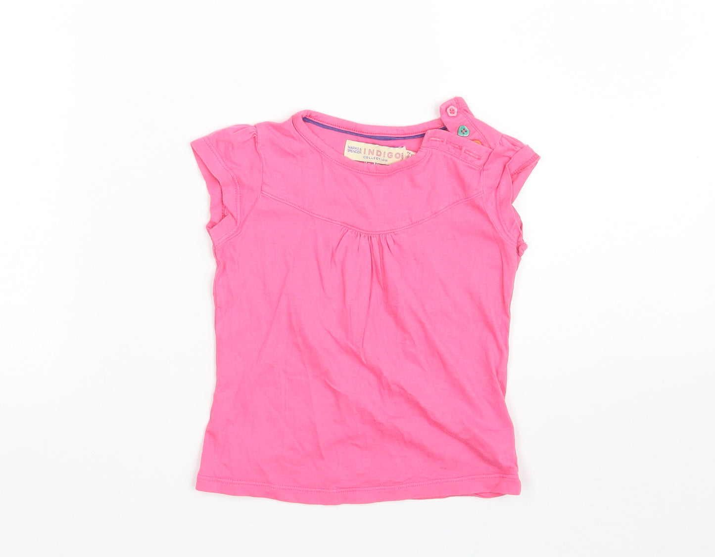 Marks and Spencer Girls Pink  100% Cotton Basic T-Shirt Size 18-24 Months Round Neck Button