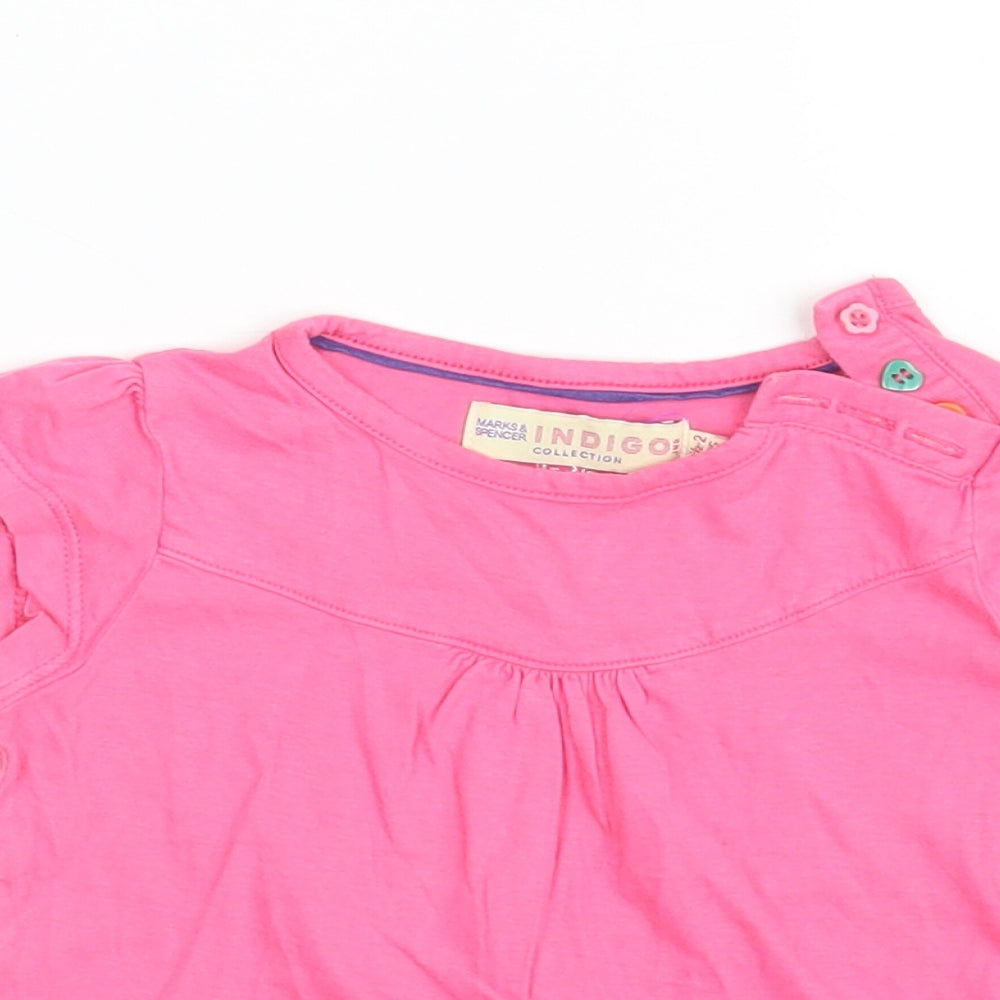 Marks and Spencer Girls Pink  100% Cotton Basic T-Shirt Size 18-24 Months Round Neck Button