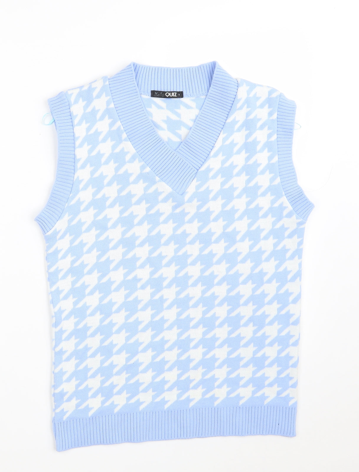 Quiz Womens Blue V-Neck Houndstooth Acrylic Pullover Jumper Size S