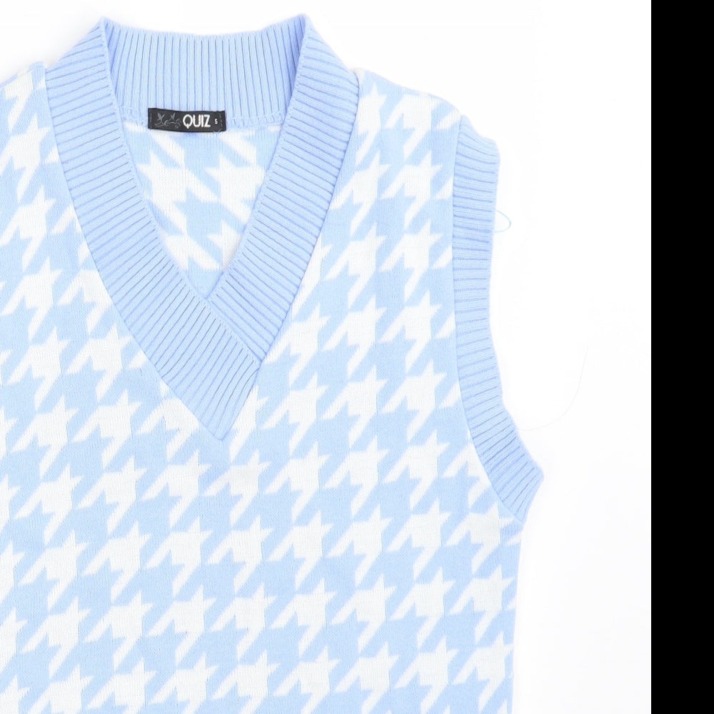 Quiz Womens Blue V-Neck Houndstooth Acrylic Pullover Jumper Size S