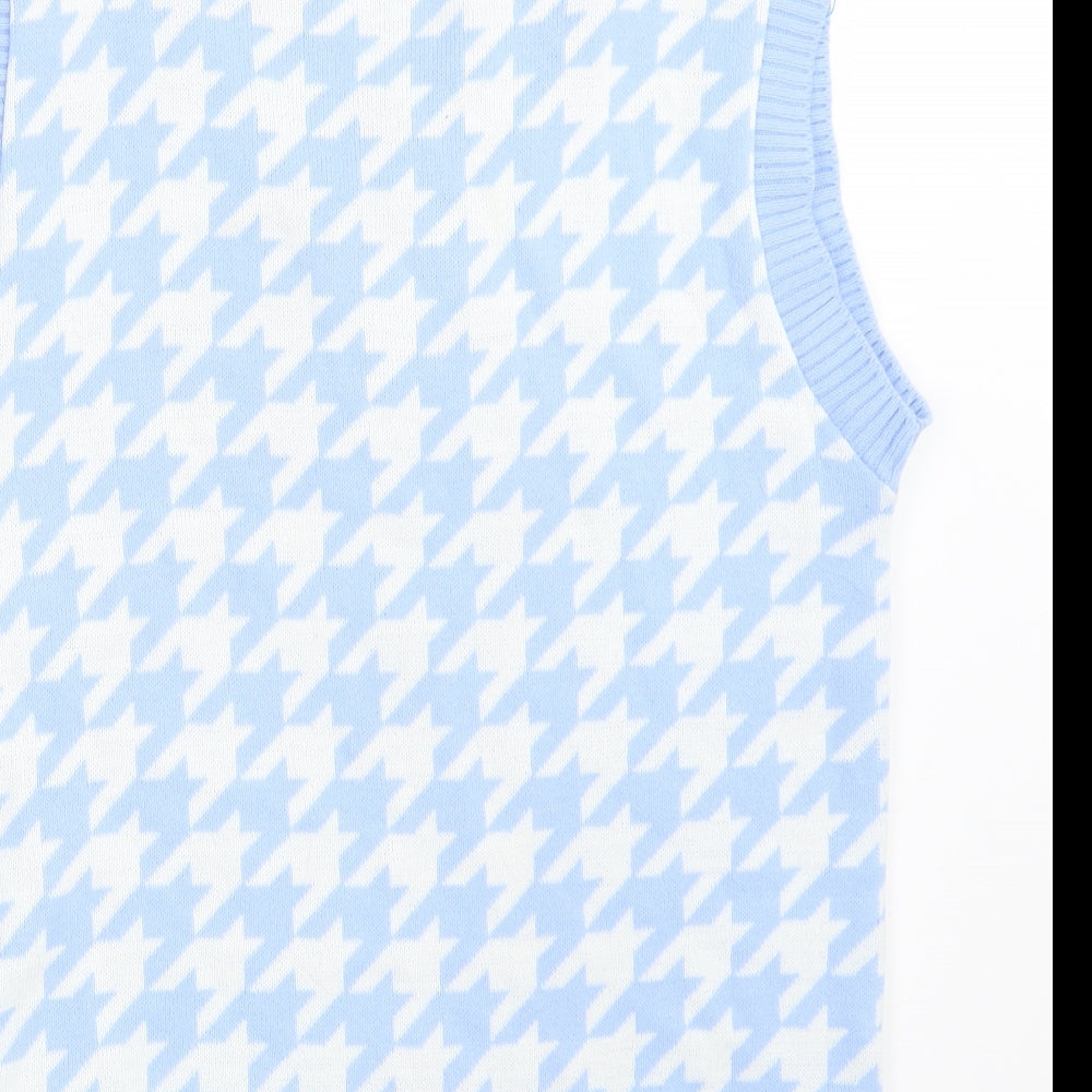 Quiz Womens Blue V-Neck Houndstooth Acrylic Pullover Jumper Size S