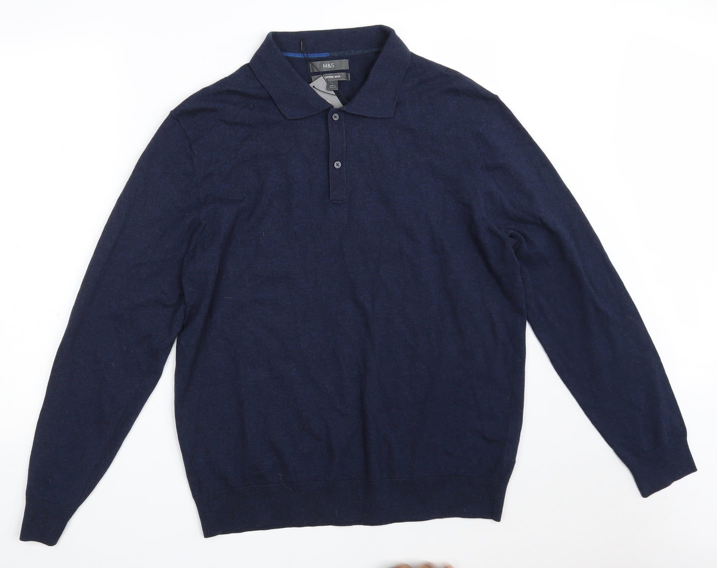Marks and Spencer Mens Blue Collared  Cotton Pullover Jumper Size L