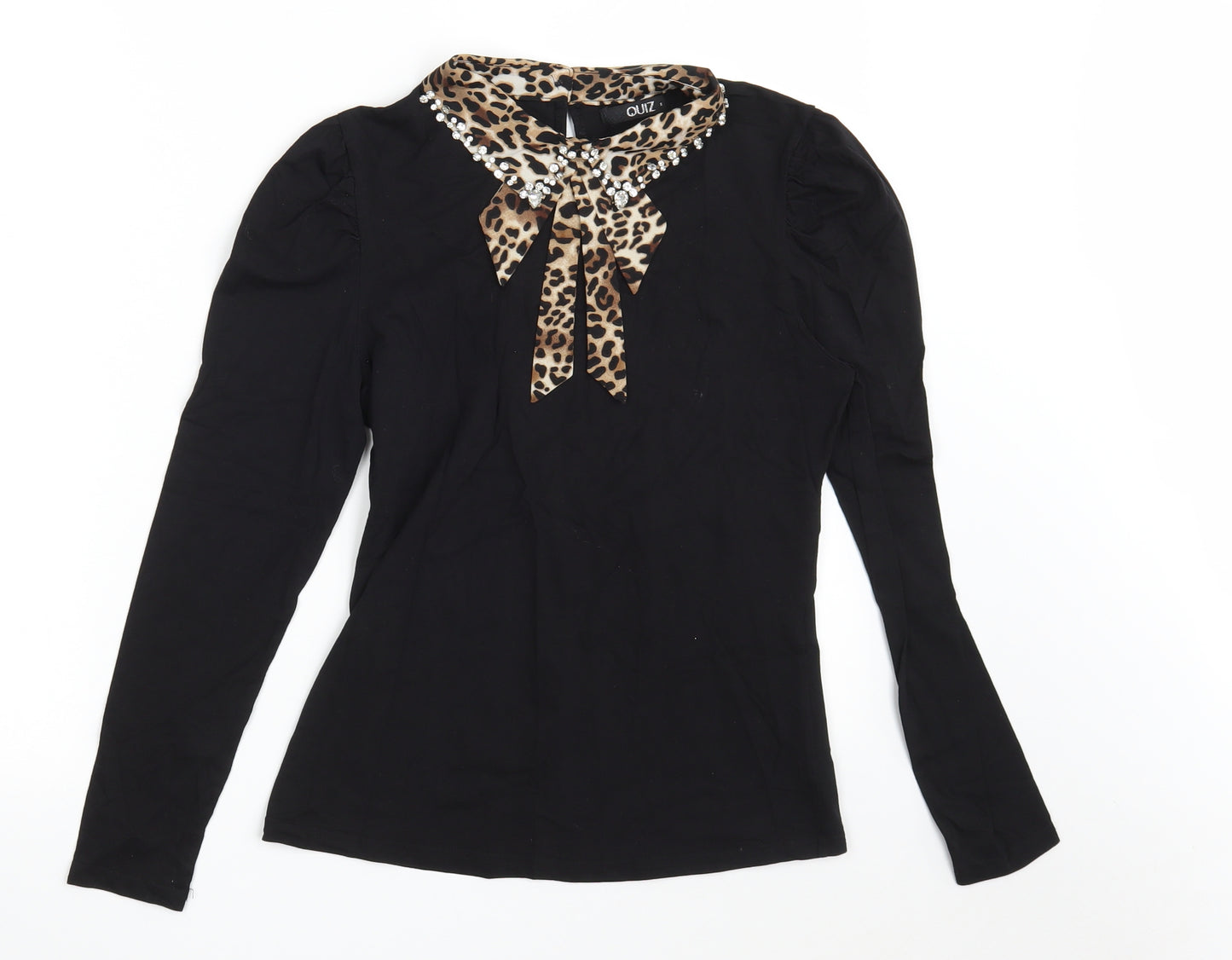 Quiz Womens Black Animal Print Cotton Basic T-Shirt Size S Collared