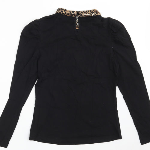 Quiz Womens Black Animal Print Cotton Basic T-Shirt Size S Collared