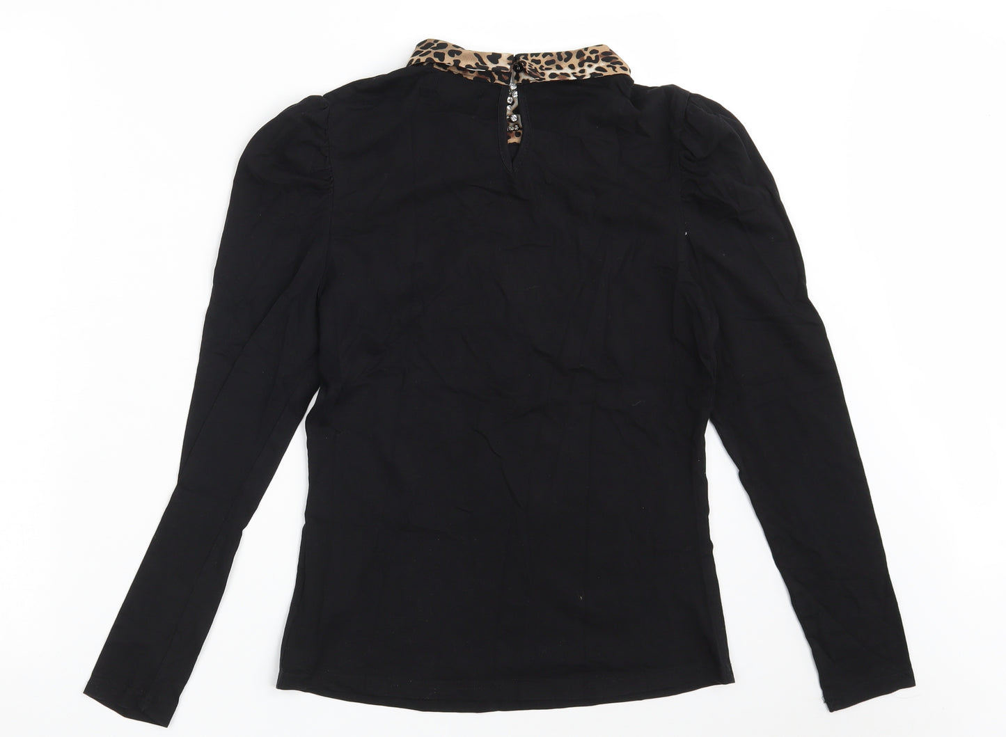 Quiz Womens Black Animal Print Cotton Basic T-Shirt Size S Collared