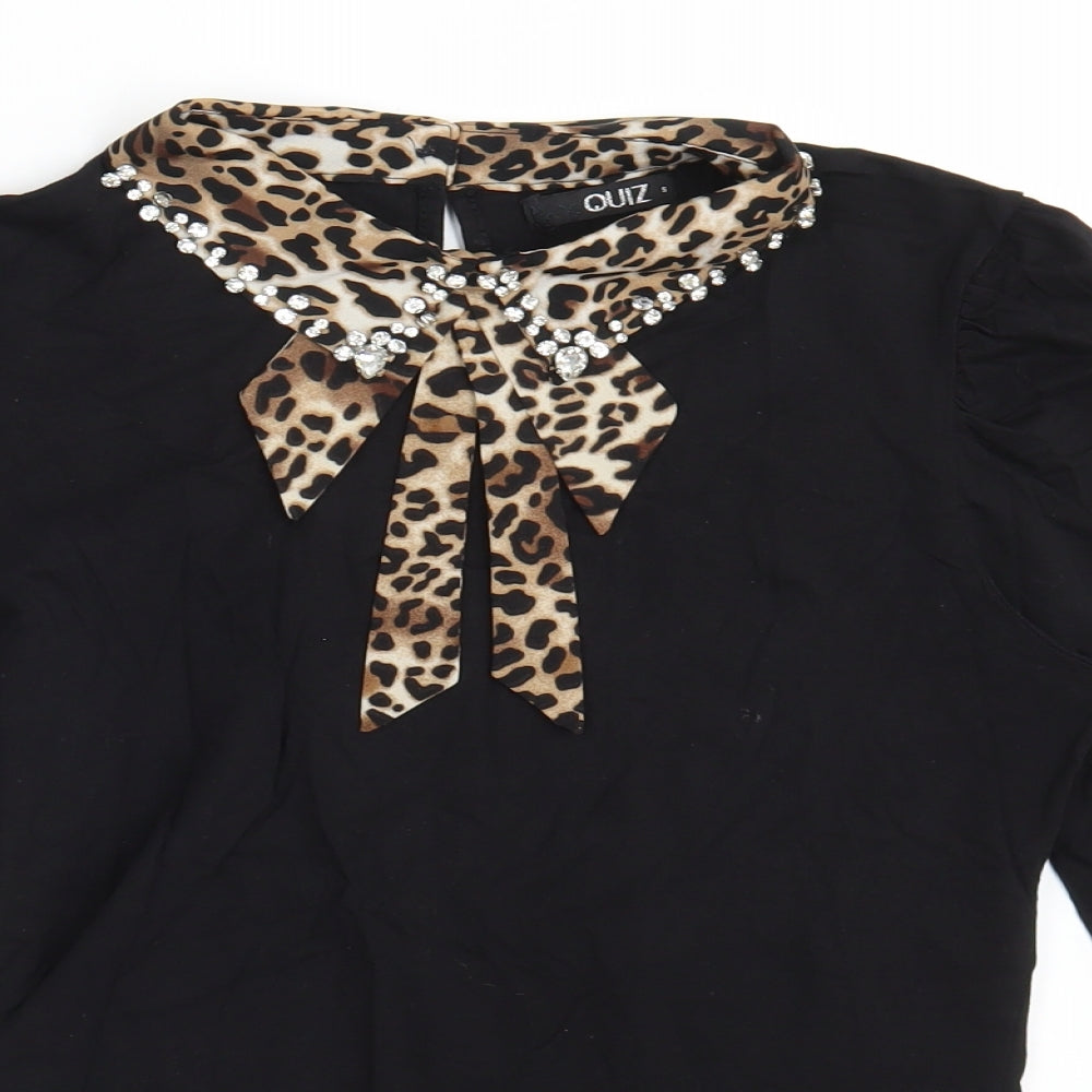 Quiz Womens Black Animal Print Cotton Basic T-Shirt Size S Collared