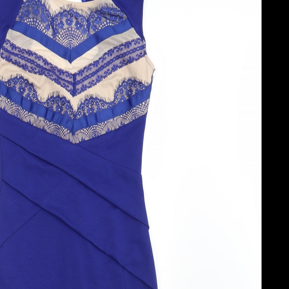 Lipsy Womens Blue Floral Polyester Pencil Dress  Size 8  Round Neck Zip