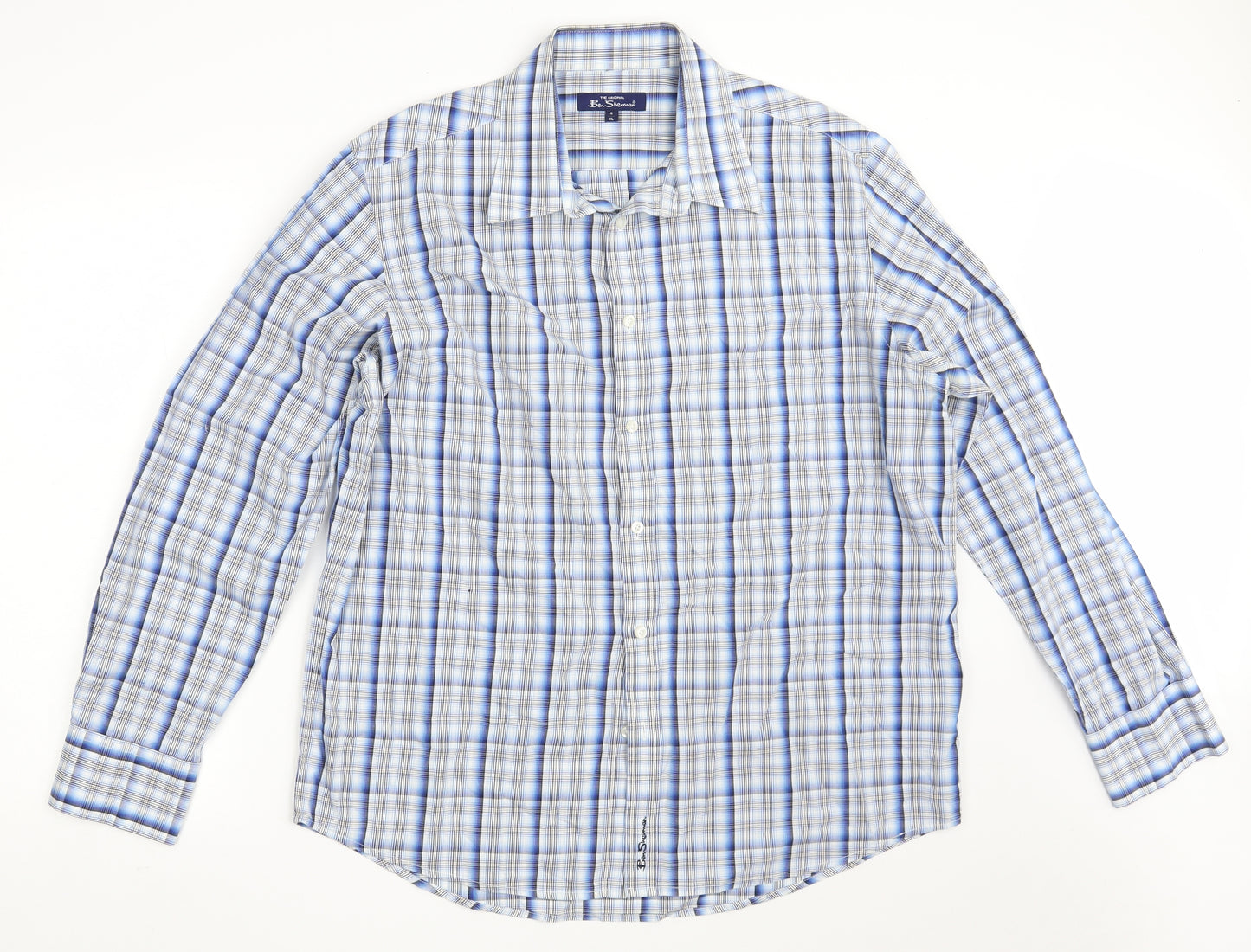 Ben Sherman Mens Blue Check 100% Cotton  Dress Shirt Size XL Collared Button