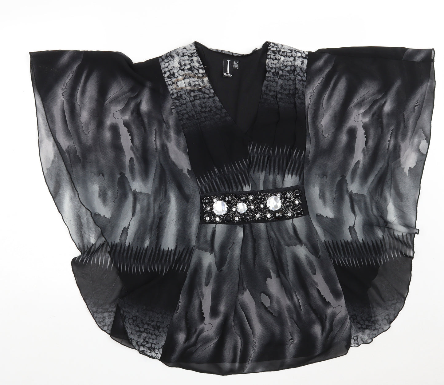 Izabel London Womens Black Camouflage Polyester Kimono Blouse Size 8 V-Neck