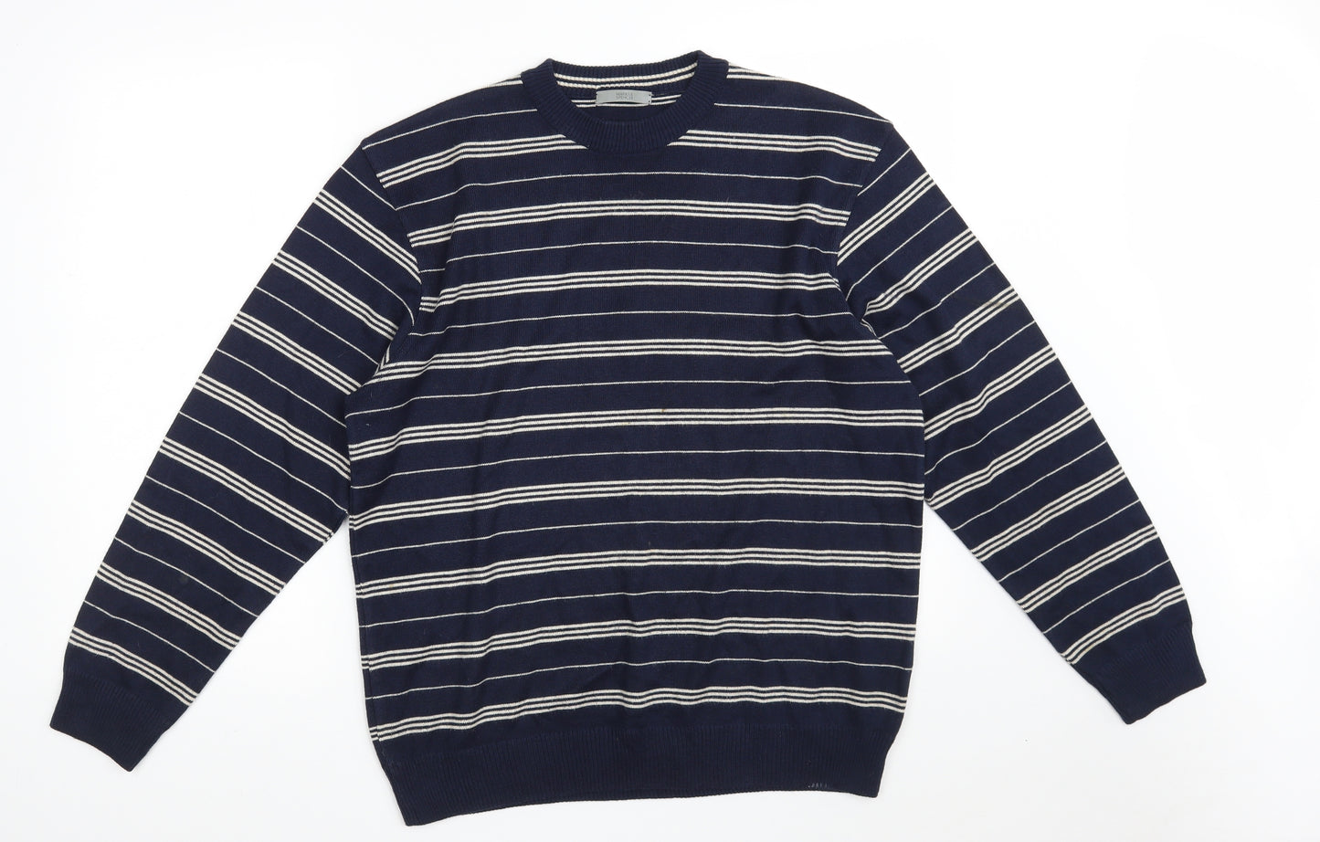 Marks and Spencer Mens Blue Crew Neck Striped Cotton Pullover Jumper Size M