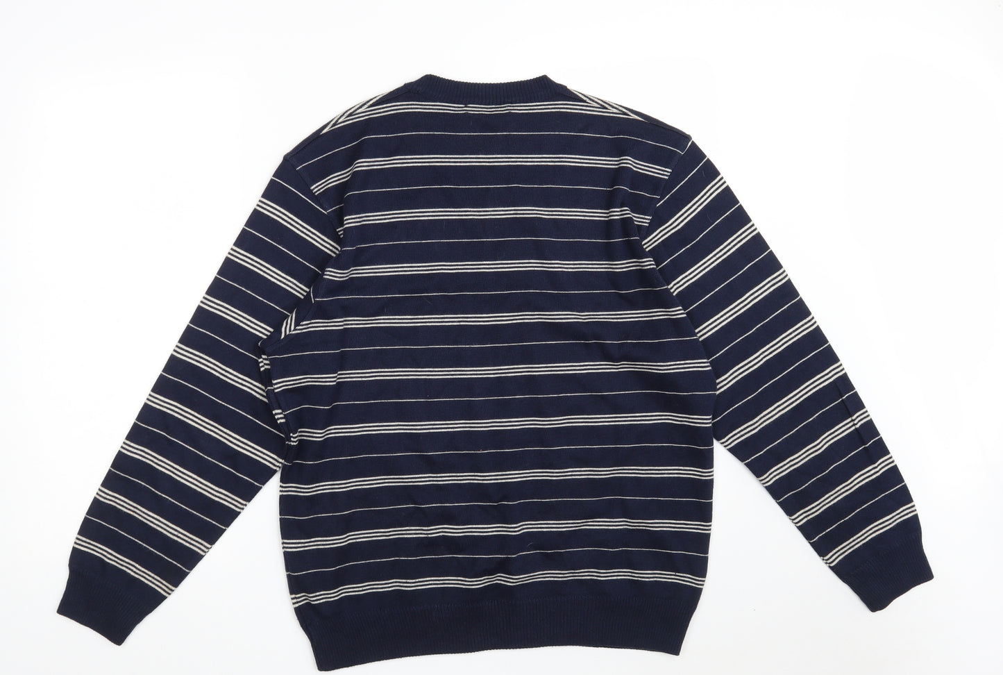 Marks and Spencer Mens Blue Crew Neck Striped Cotton Pullover Jumper Size M