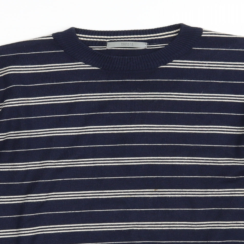 Marks and Spencer Mens Blue Crew Neck Striped Cotton Pullover Jumper Size M