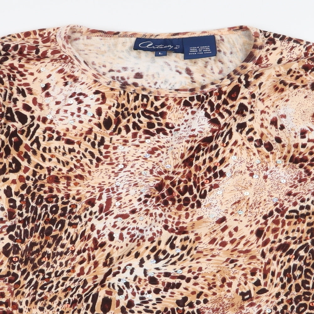 Artoeapea Womens Brown Animal Print 100% Cotton Jersey T-Shirt Size L Round Neck