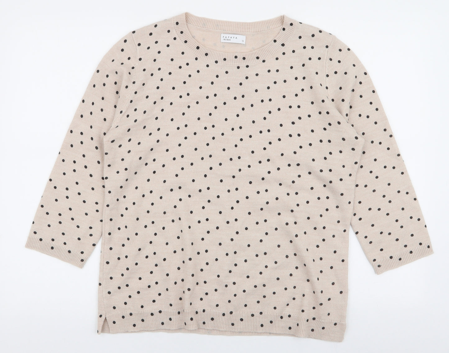 Papaya Womens Beige Round Neck Polka Dot Acrylic Pullover Jumper Size 14