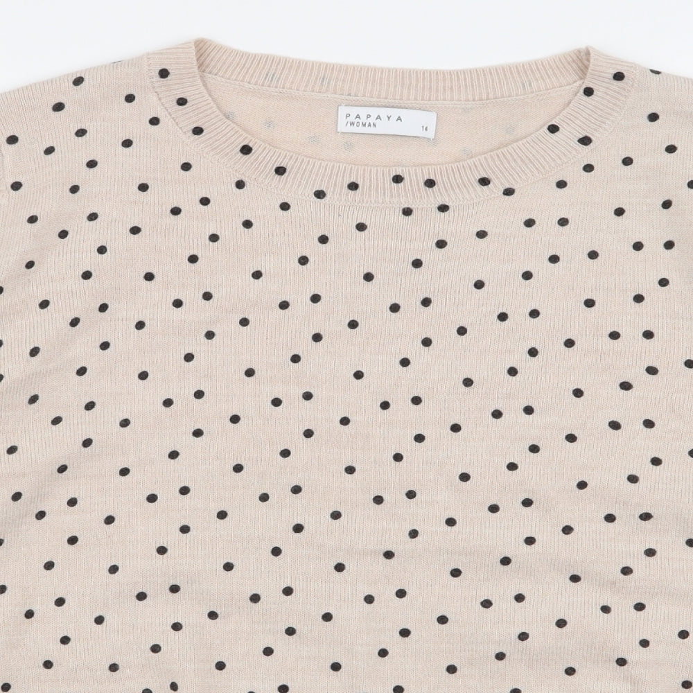 Papaya Womens Beige Round Neck Polka Dot Acrylic Pullover Jumper Size 14